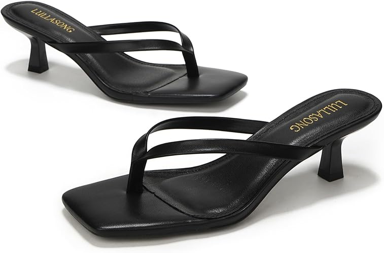 Women’s Square Open Toe Heeled Sandals – Two-Strap Slip-On Block Mid Heels