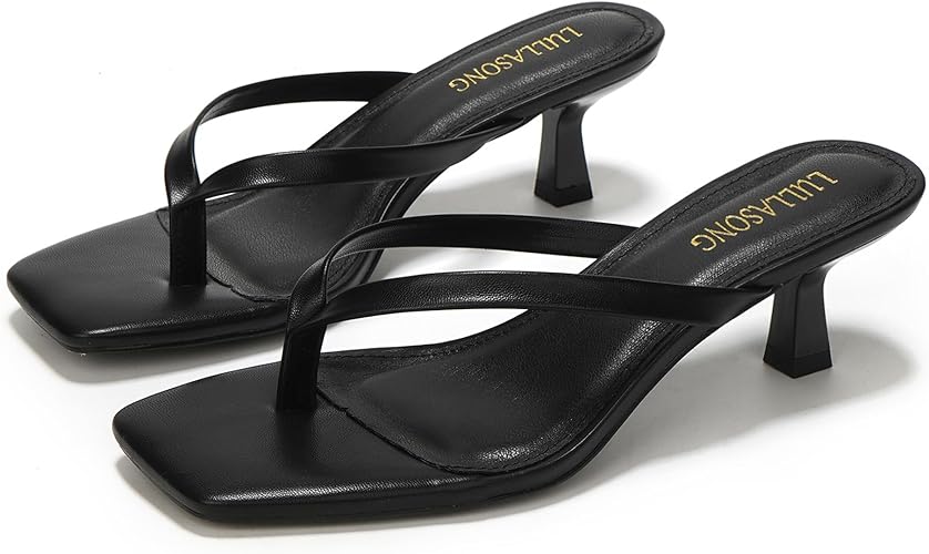 Women’s Square Open Toe Heeled Sandals – Two-Strap Slip-On Block Mid Heels